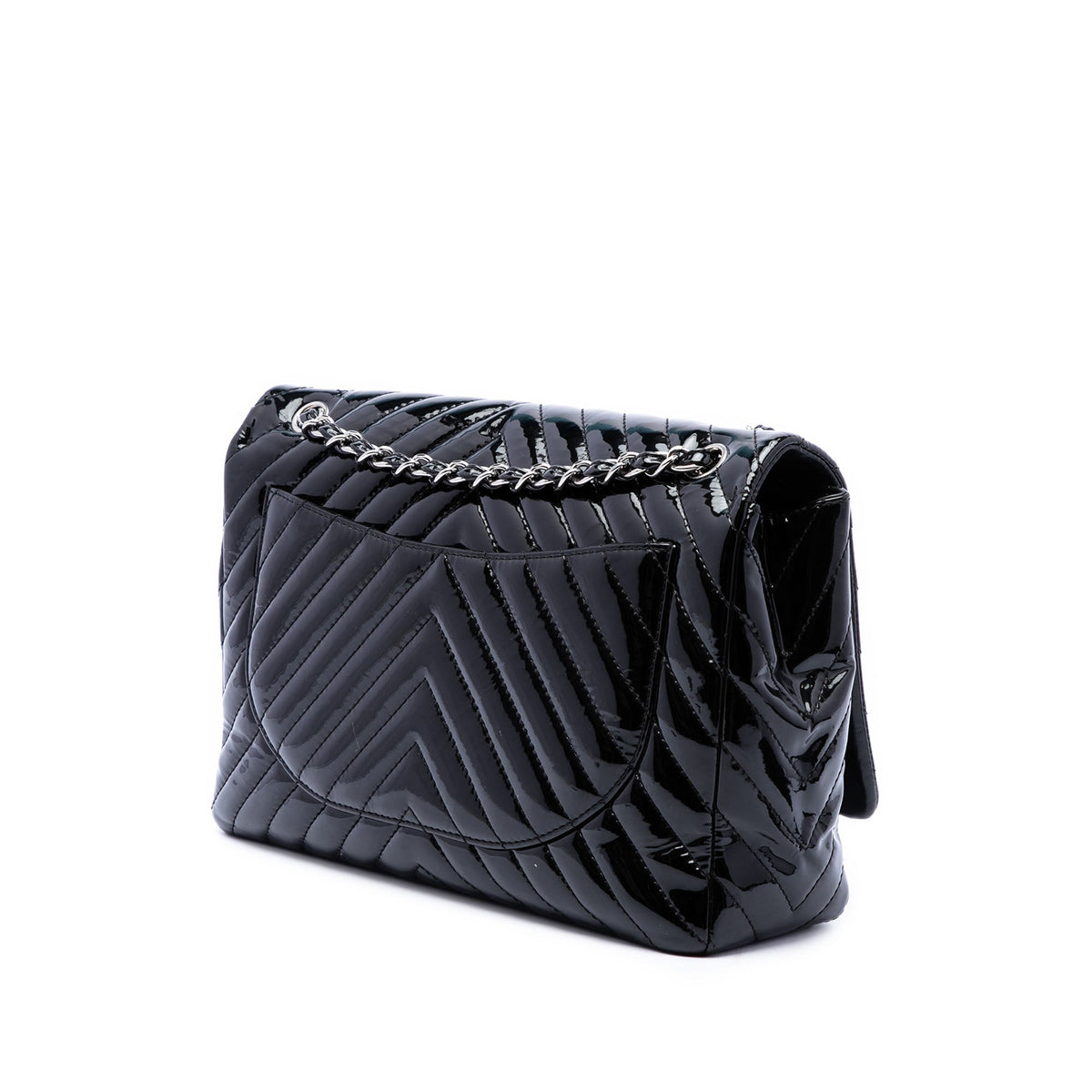 Chanel Jumbo Classic Chevron Patent Double Flap — Black