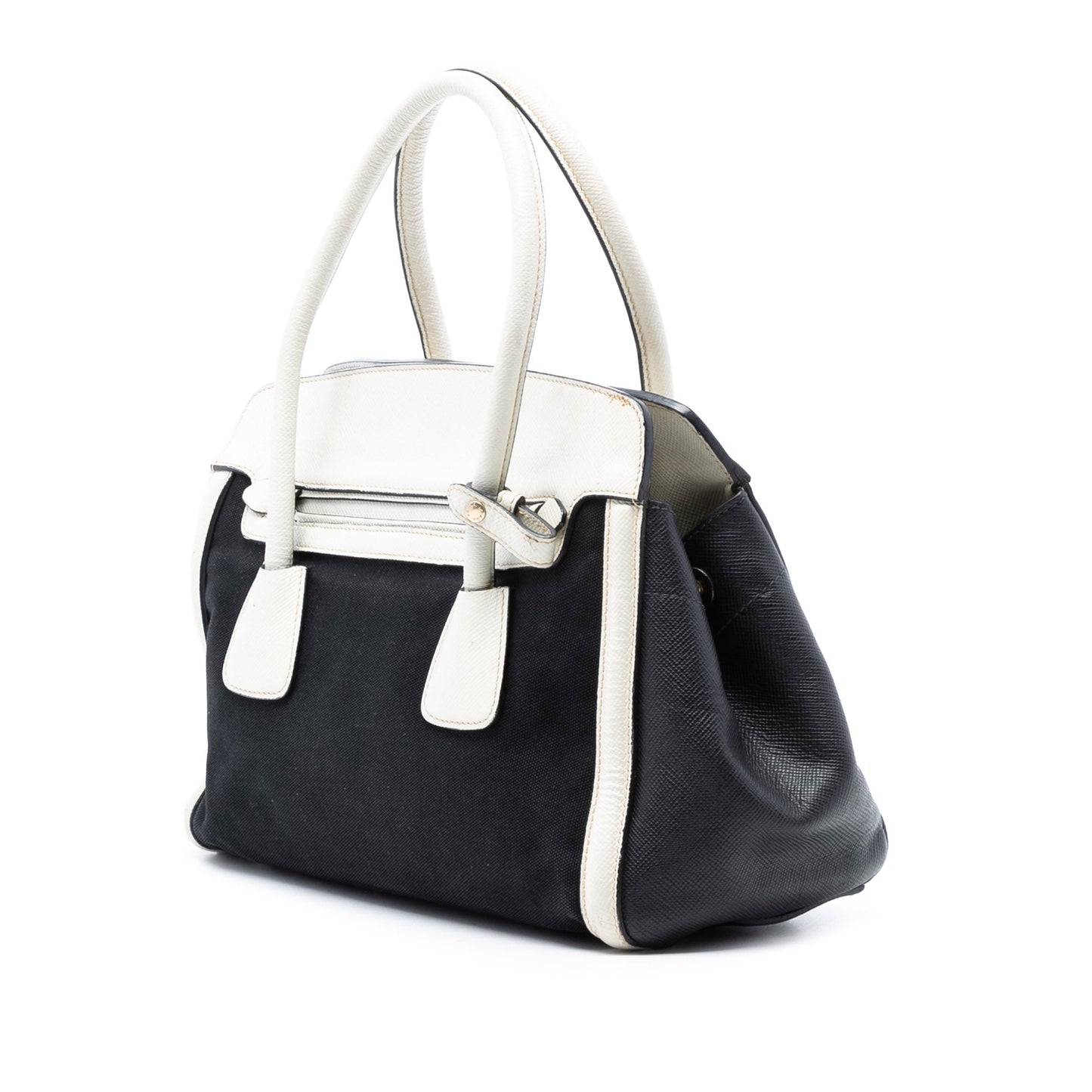 Prada Bicolor Saffiano Cuir Trimmed Canvas Satchel