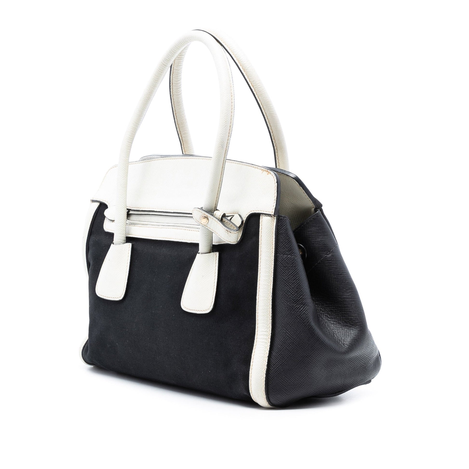 Prada Bicolor Saffiano Cuir Trimmed Canvas Satchel