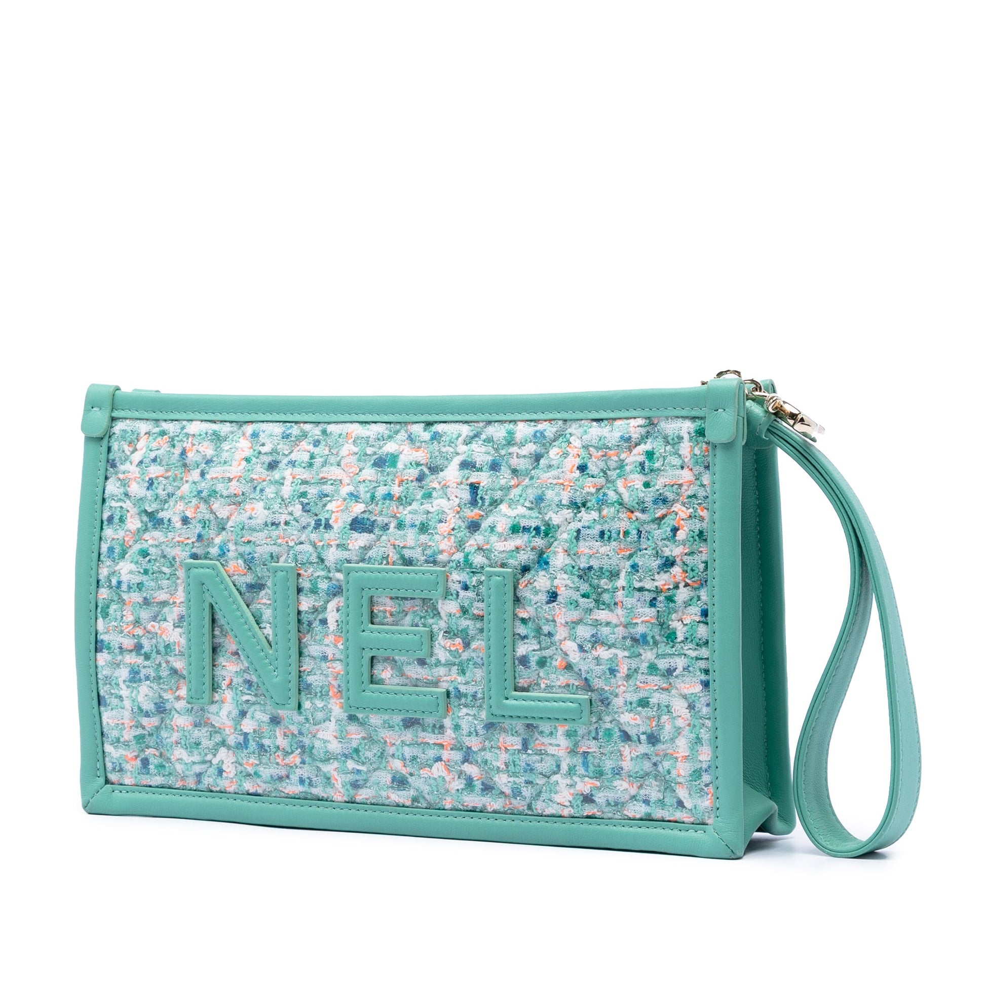 Chanel Quilted Tweed PVC Logo Wristlet Clutch