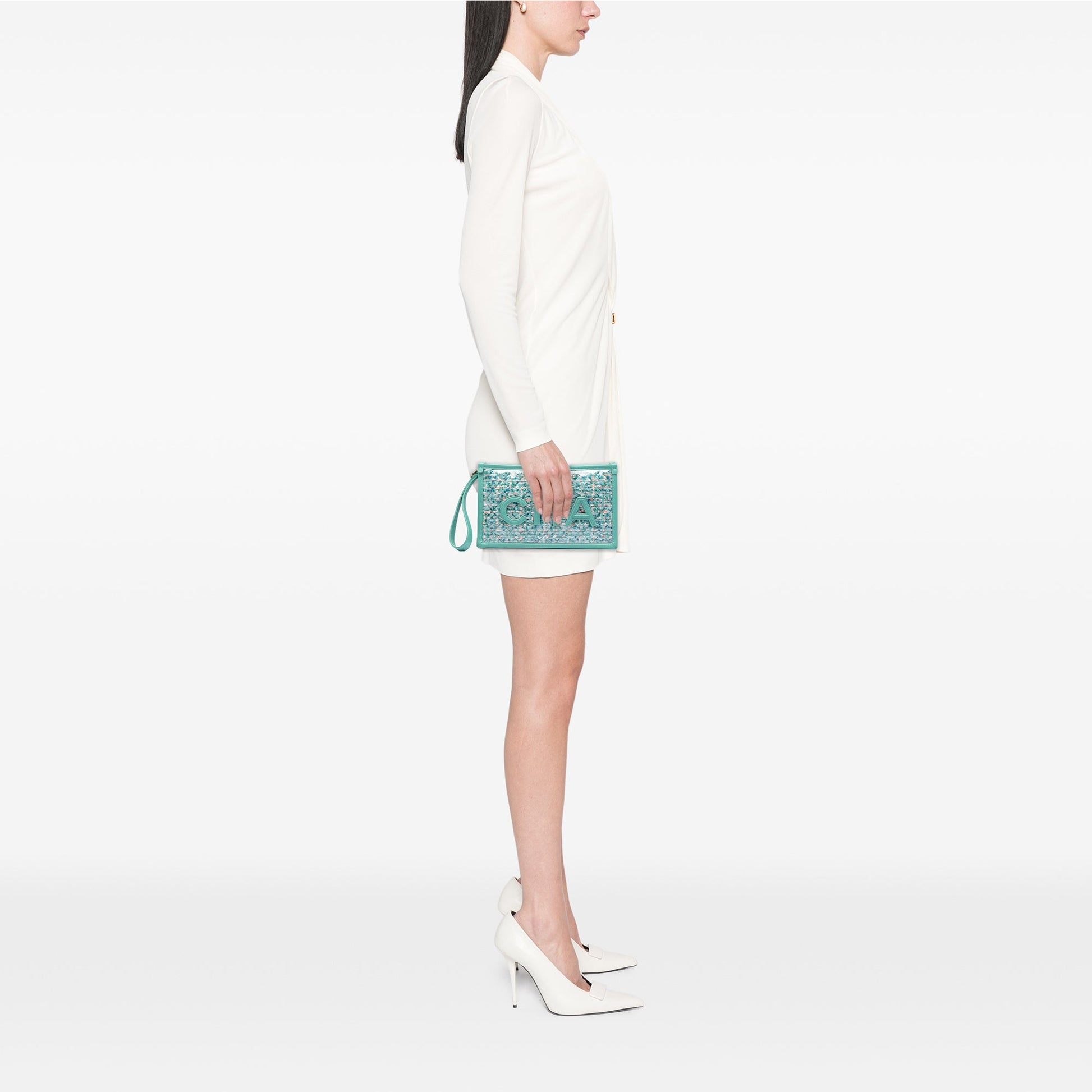 Chanel Quilted Tweed PVC Logo Wristlet Clutch