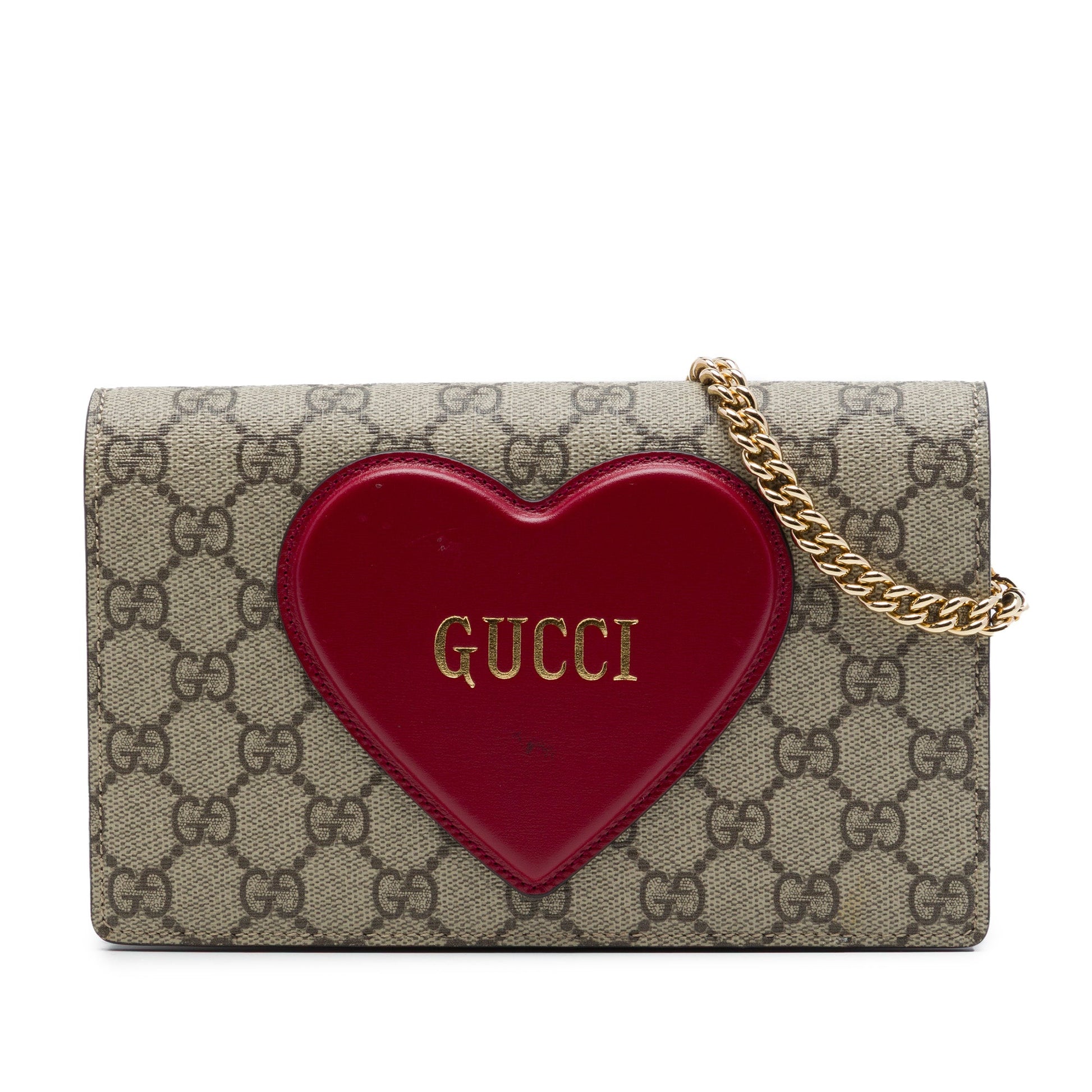 Gucci GG Supreme Heart Embellished Wallet on Chain