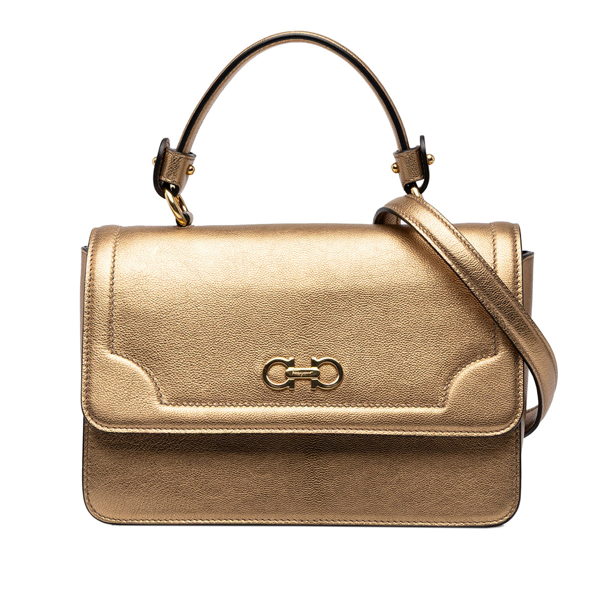 Ferragamo Metallic Calfskin Gancini Seila Top Handle Bag — Gold