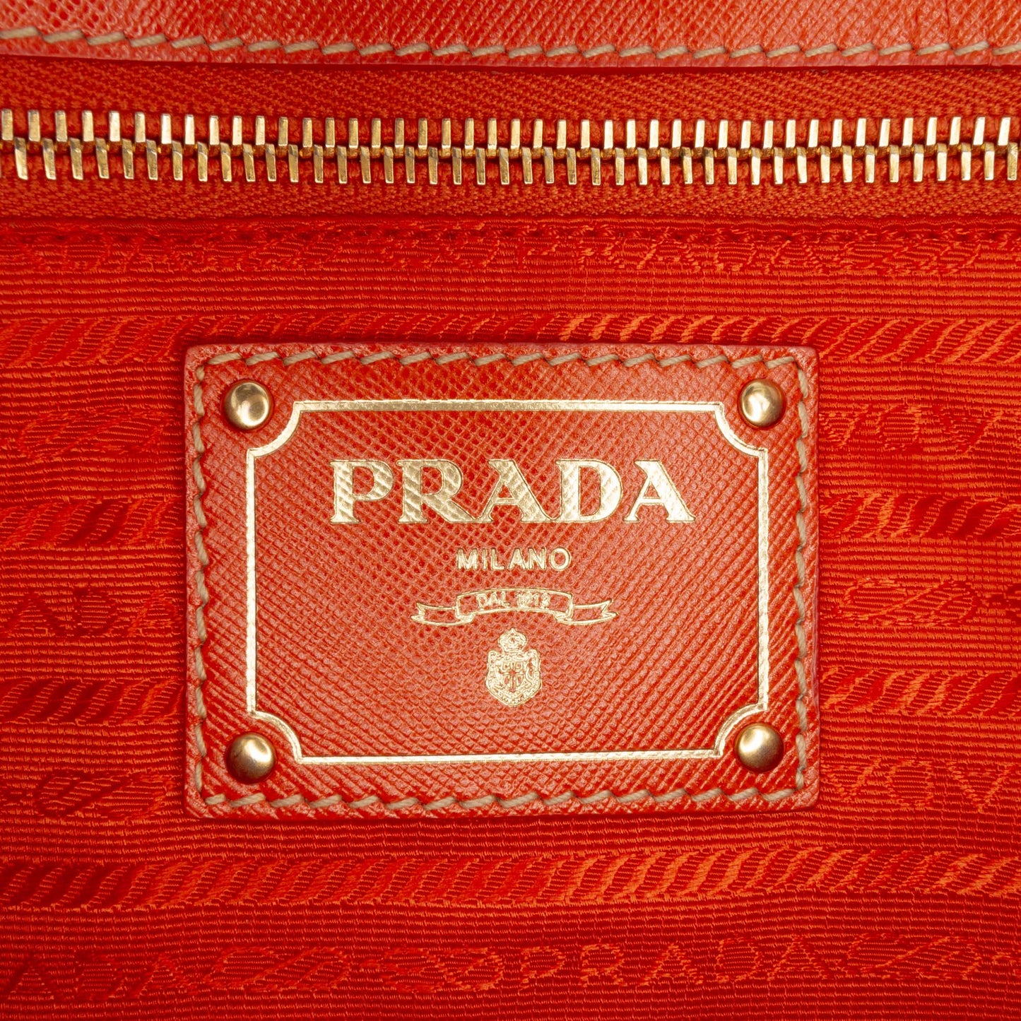 Prada Saffiano Trimmed Tessuto Logo Oro Satchel