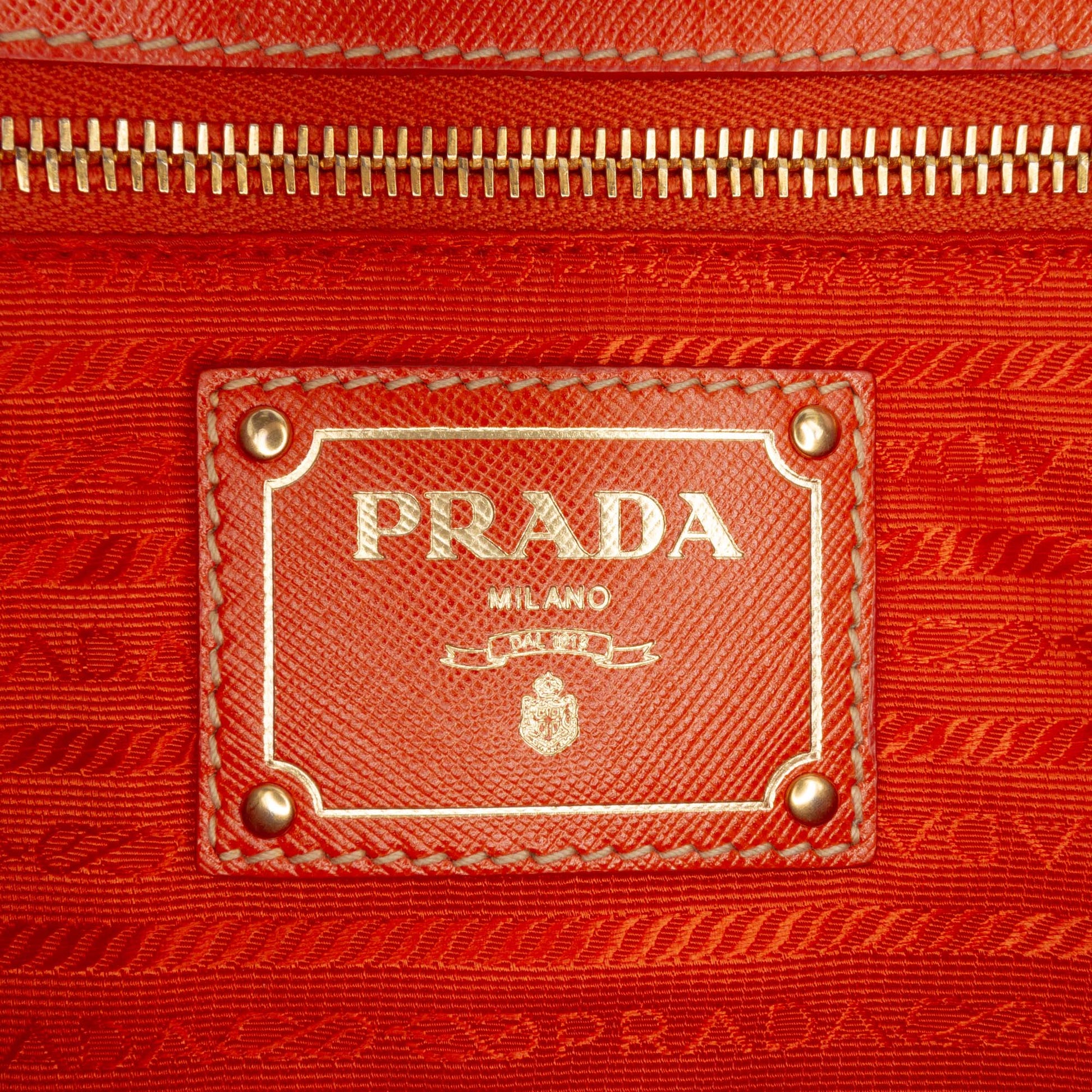 Prada Saffiano Trimmed Tessuto Logo Oro Satchel
