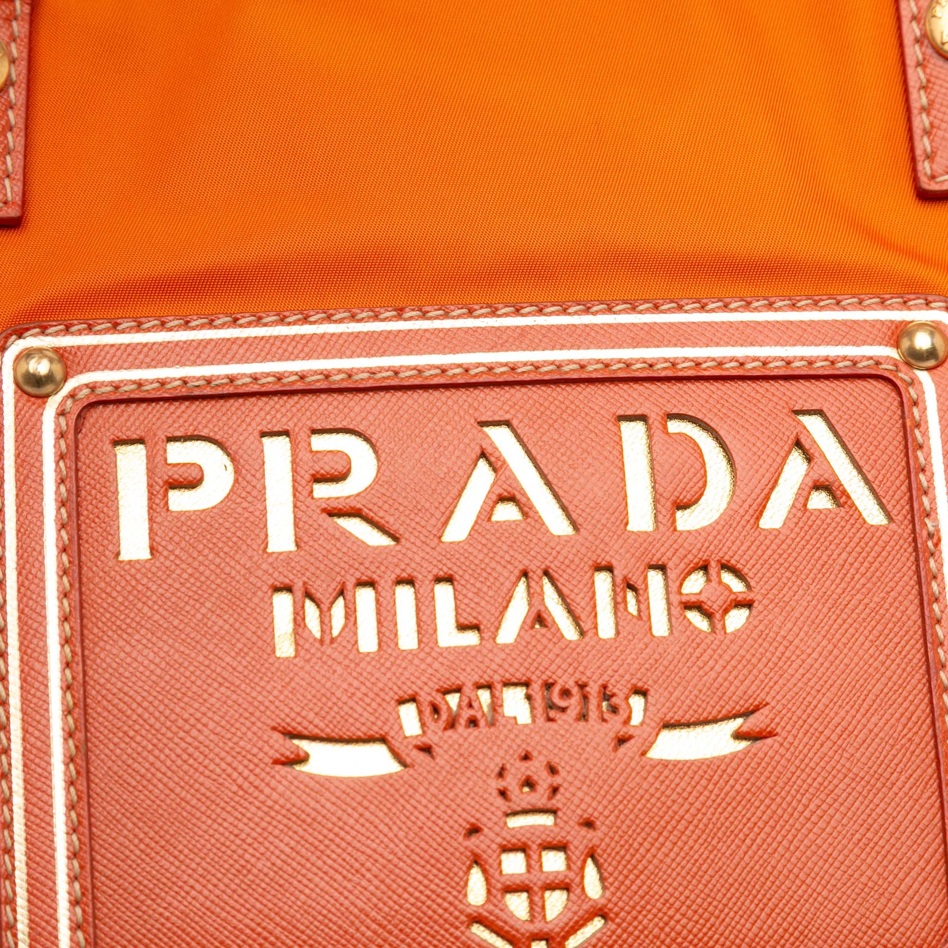 Prada Saffiano Trimmed Tessuto Logo Oro Satchel