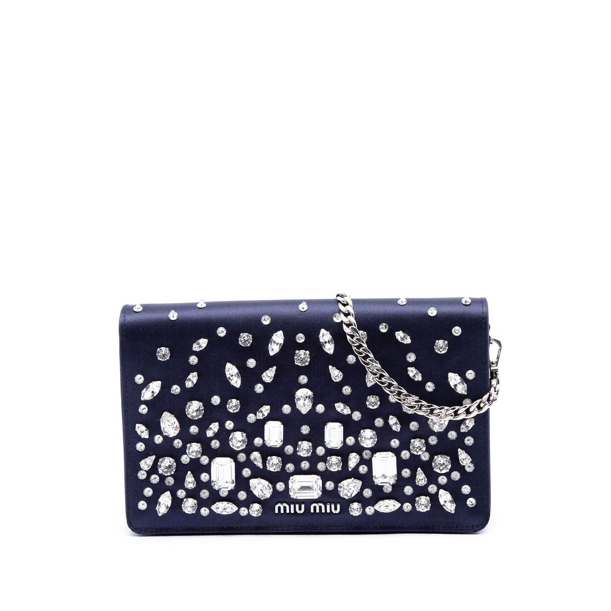 Miu Miu Crystal Embellished Satin Flap Crossbody — Blue
