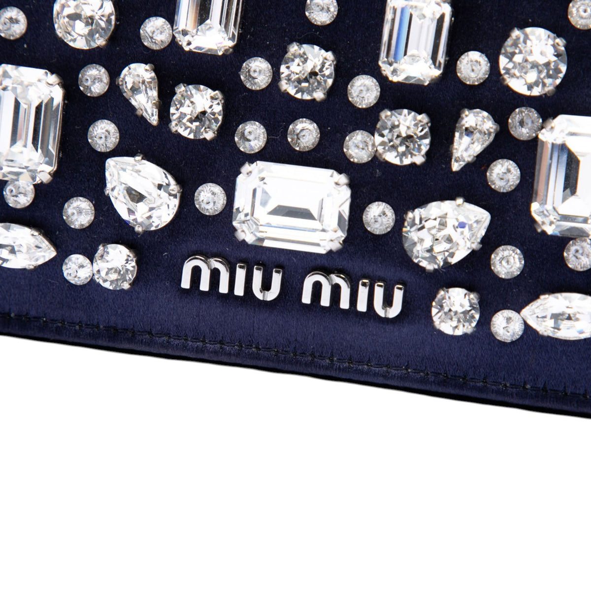 Miu Miu Crystal Embellished Satin Flap Crossbody — Blue