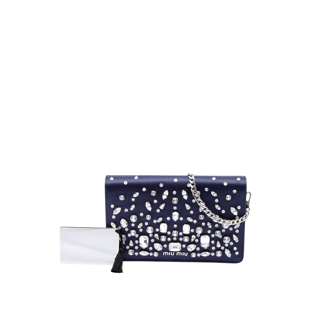 Miu Miu Crystal Embellished Satin Flap Crossbody — Blue