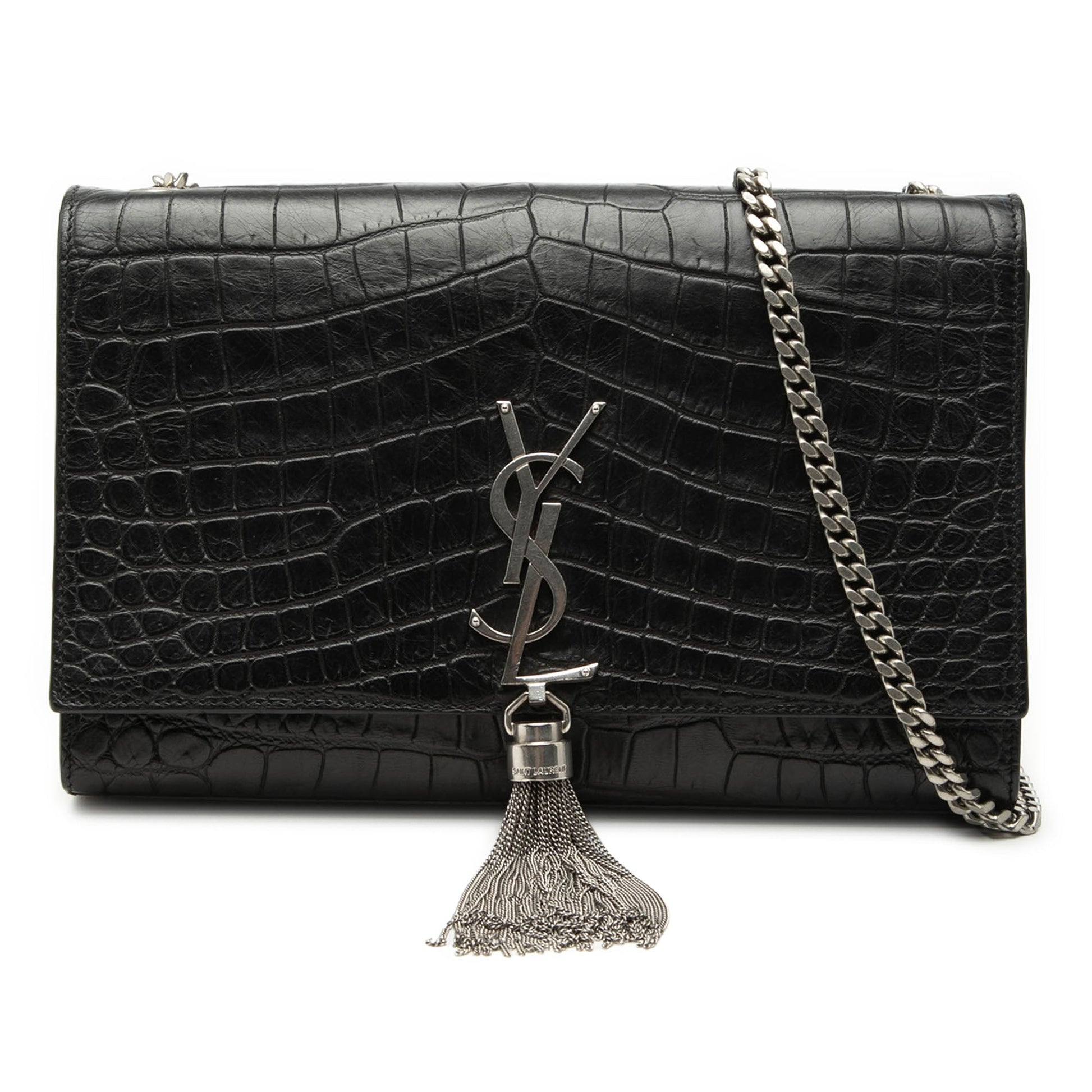 Medium Croc Embossed Leather Kate Tassel Crossbody