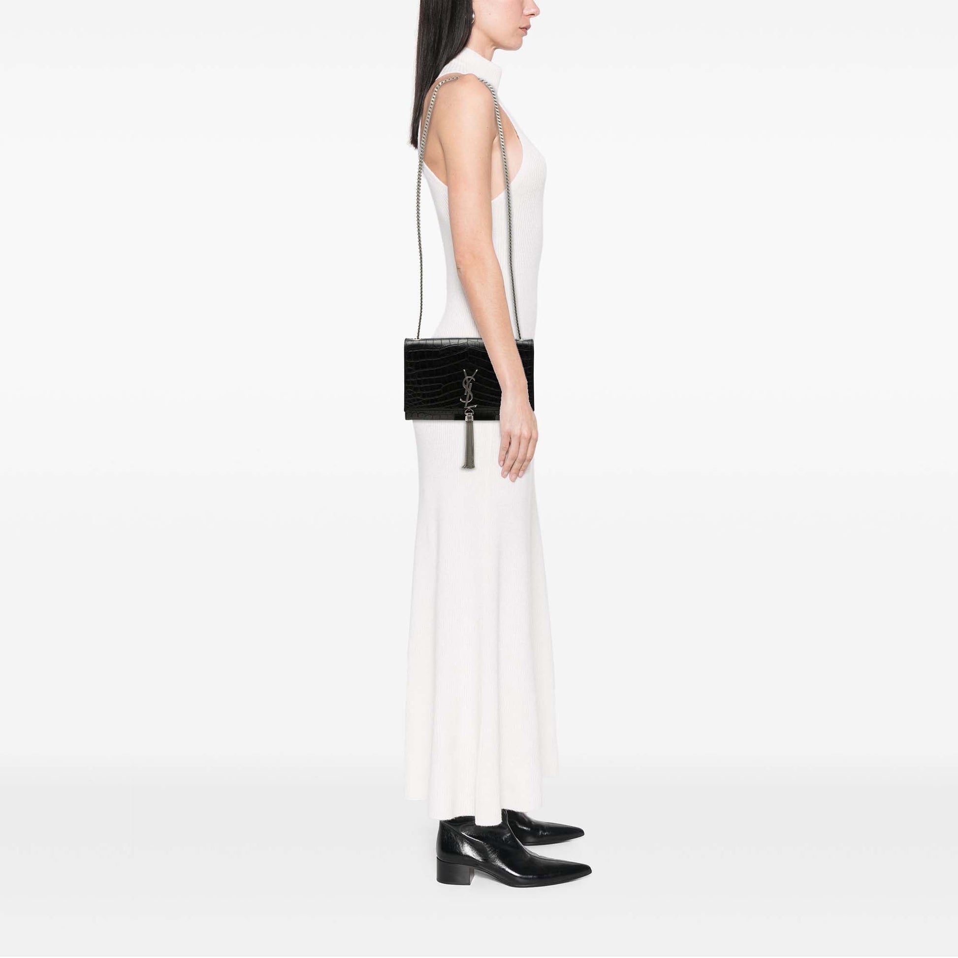 Medium Croc Embossed Leather Kate Tassel Crossbody