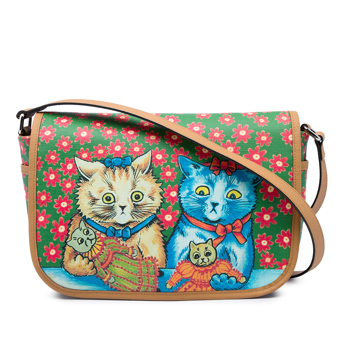 Gucci Kids Coated Canvas Floral Cat Print Messenger Bag — Green