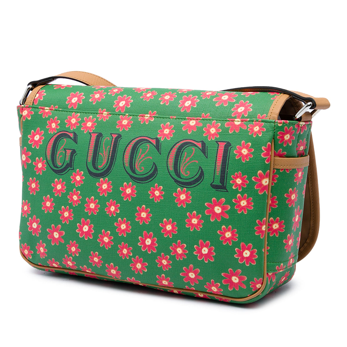 Gucci Kids Coated Canvas Floral Cat Print Messenger Bag — Green