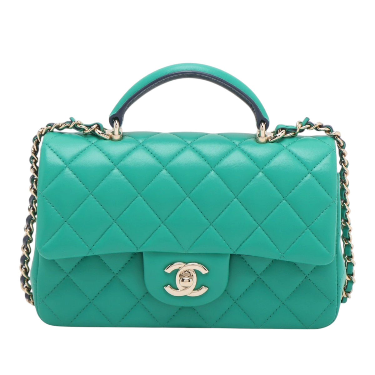 Chanel Mini Rectangular Lambskin Top Handle Single Flap — Green