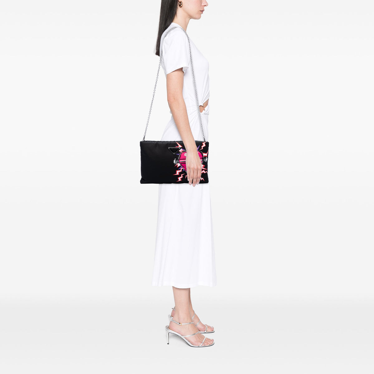 Prada Universal Studios Tessuto Frankenstein Heart Chain Crossbody — Black