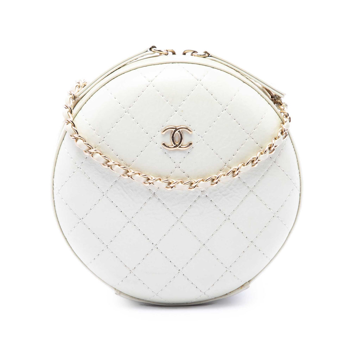Chanel CC Quilted Lambskin Round Clutch with Chain — White