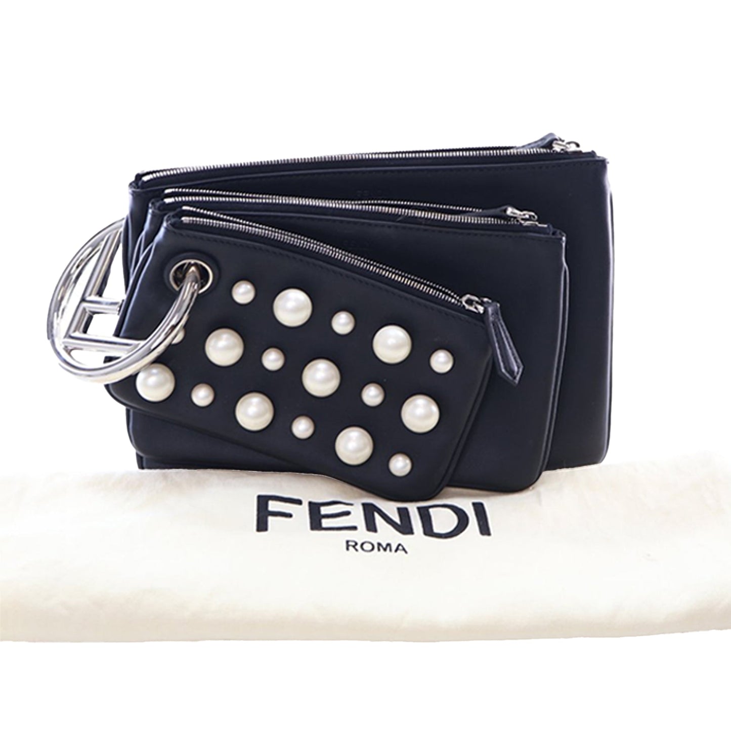 Fendi Leather Pearl Studded Triplette Clutch