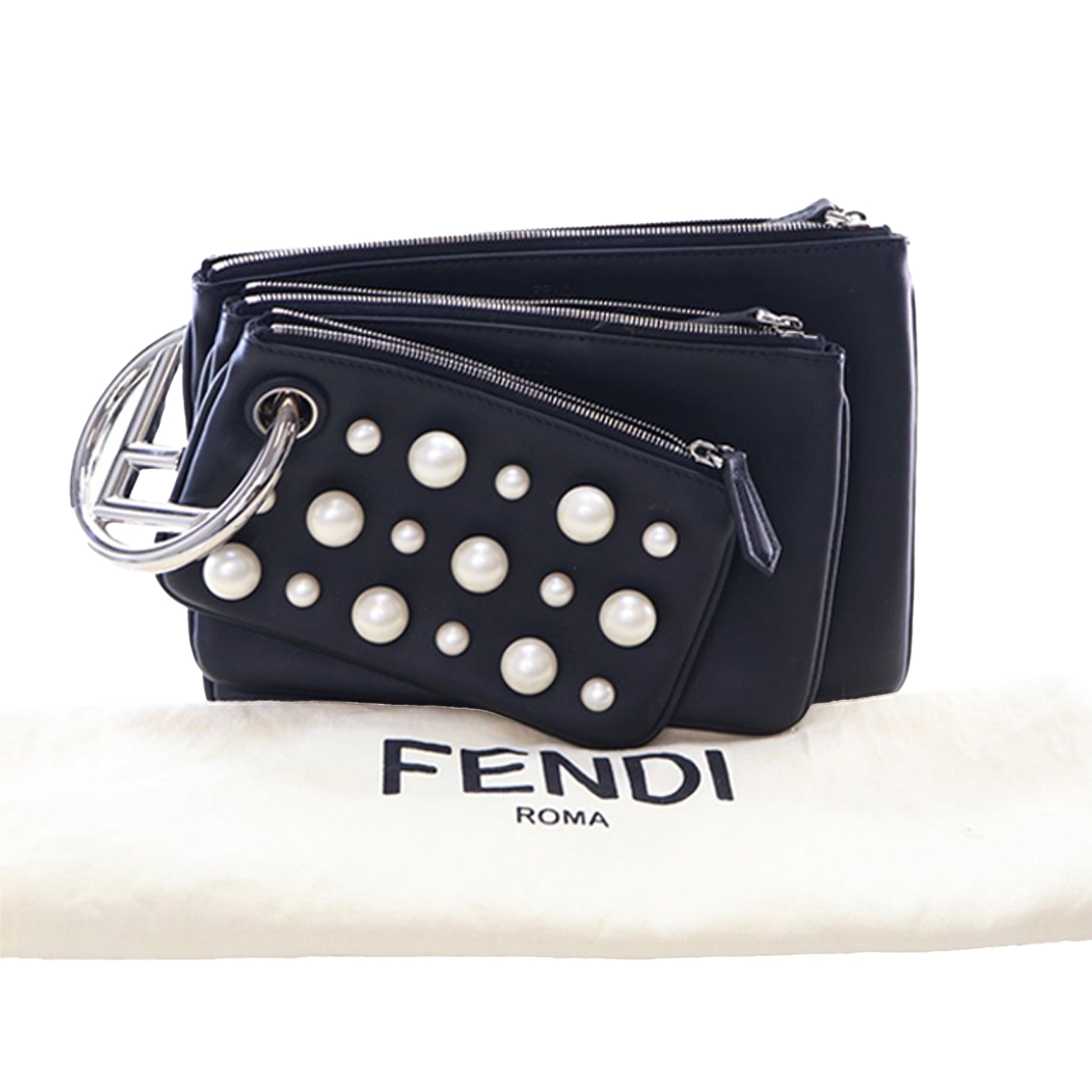 Fendi Leather Pearl Studded Triplette Clutch