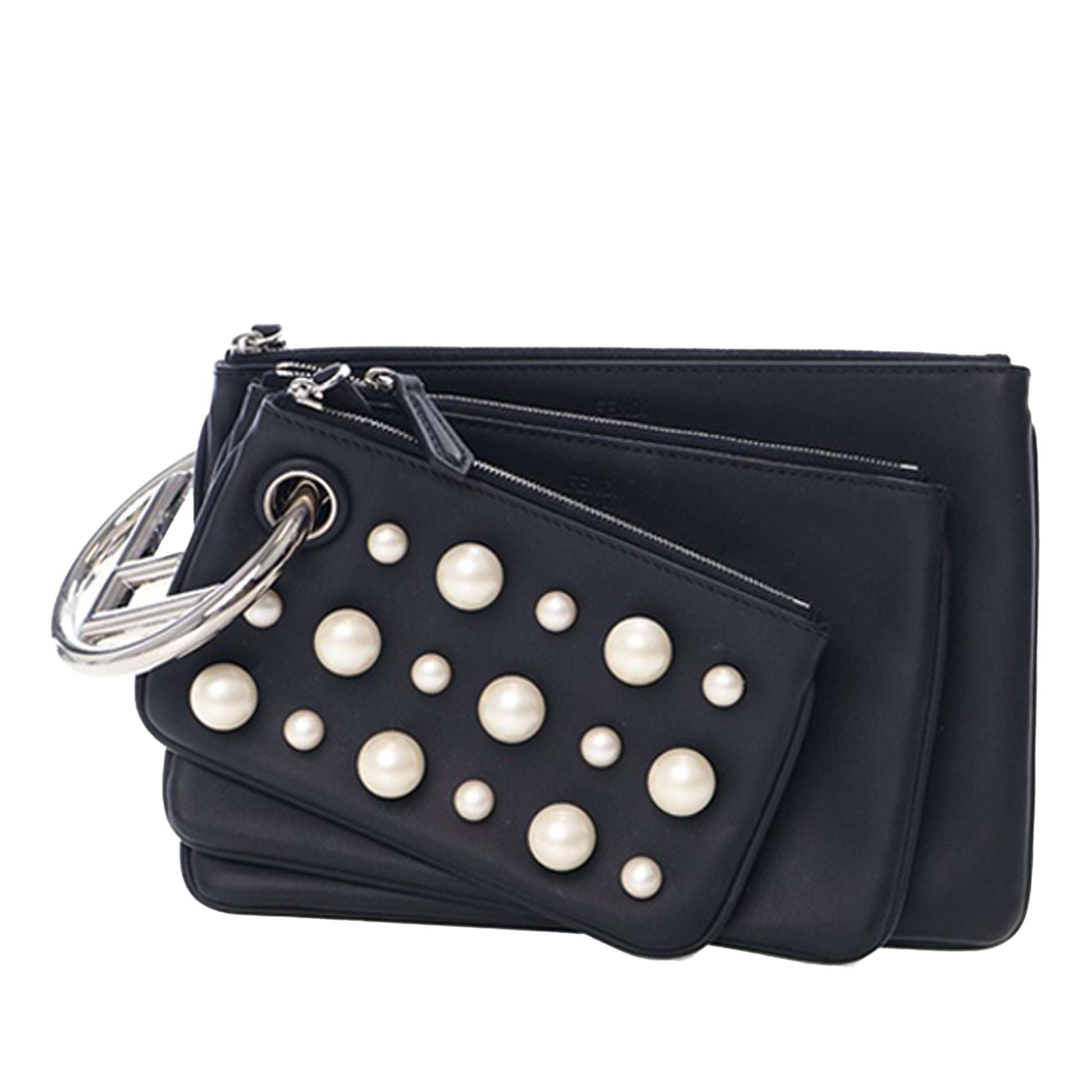 Fendi Leather Pearl Studded Triplette Clutch