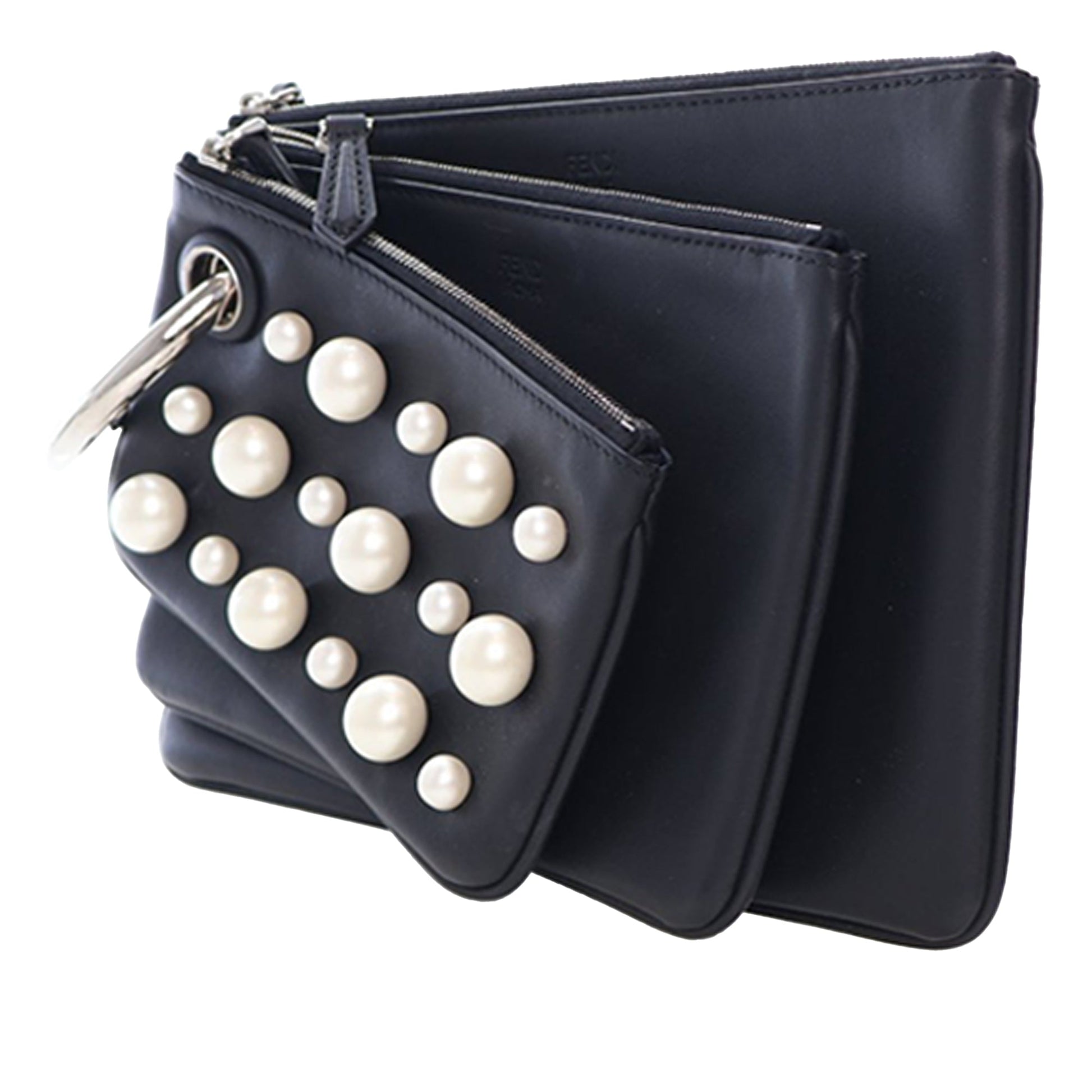 Fendi Leather Pearl Studded Triplette Clutch