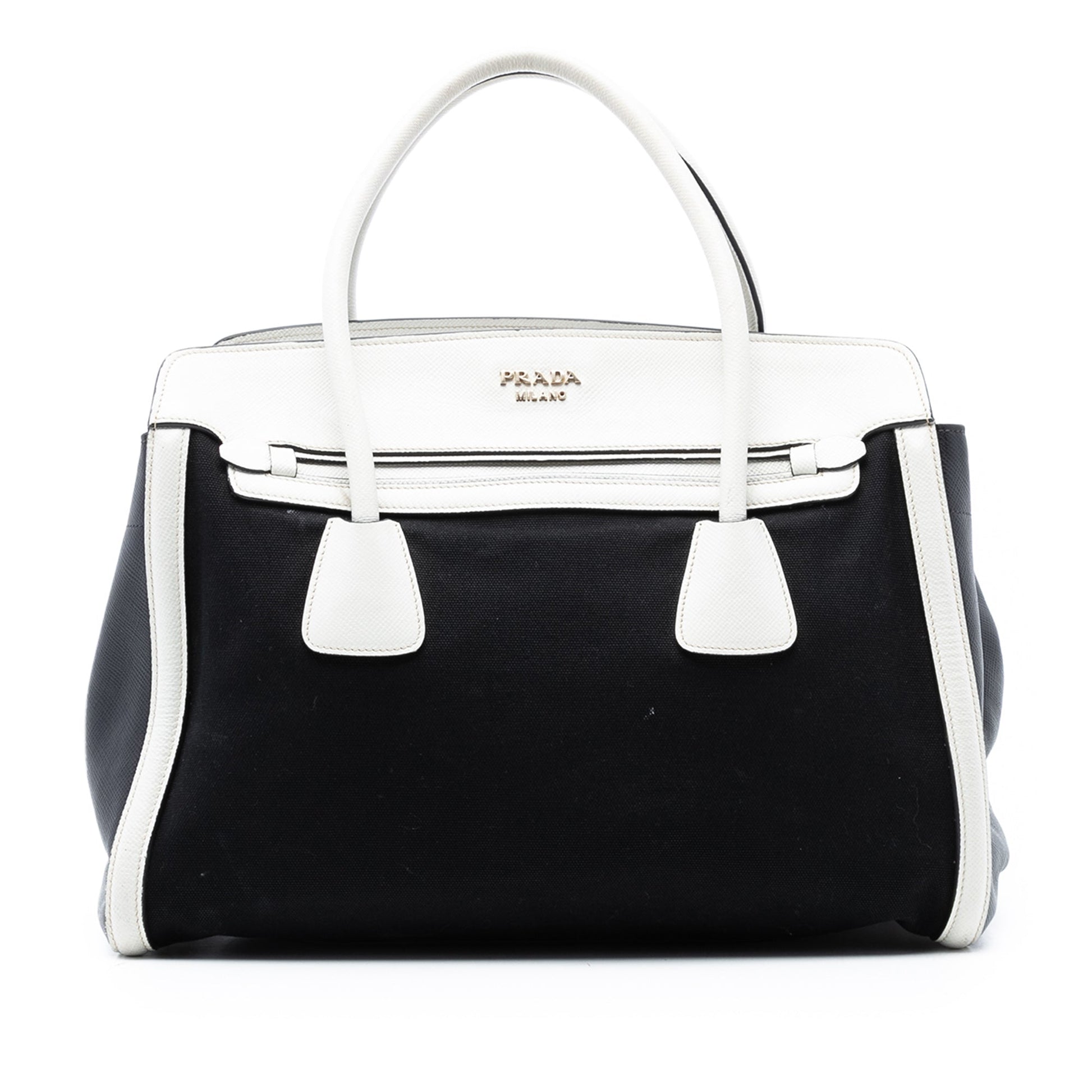 Prada Bicolor Saffiano Cuir Trimmed Canvas Satchel