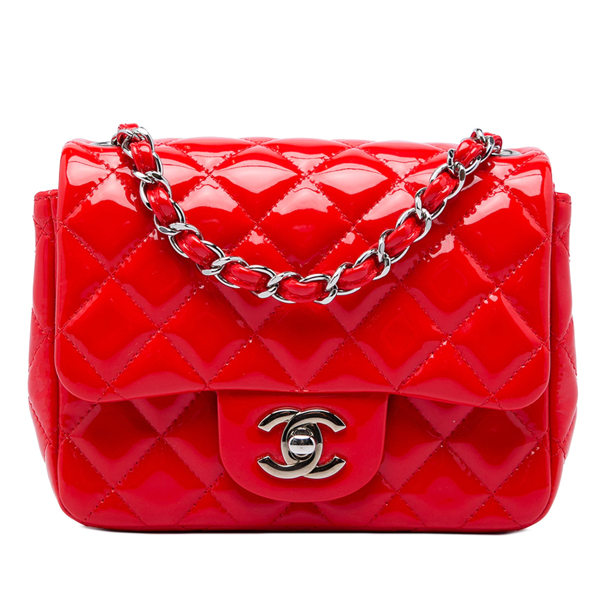 Chanel Mini Square Classic Patent Single Flap — Red