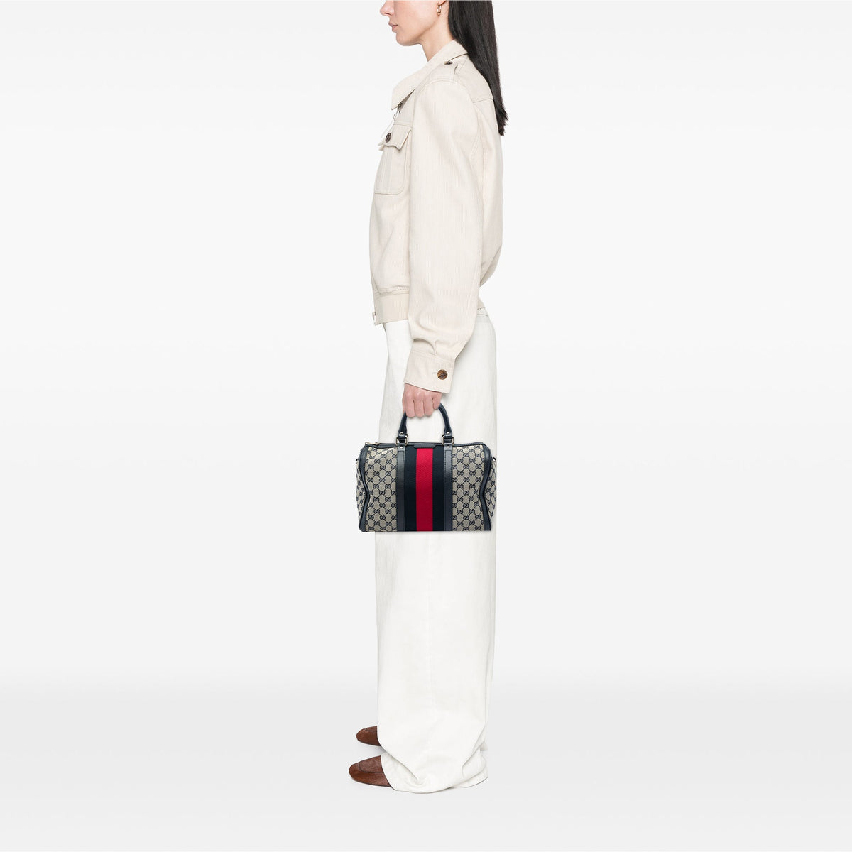 Gucci Medium GG Canvas Web Joy Boston Bag — Beige