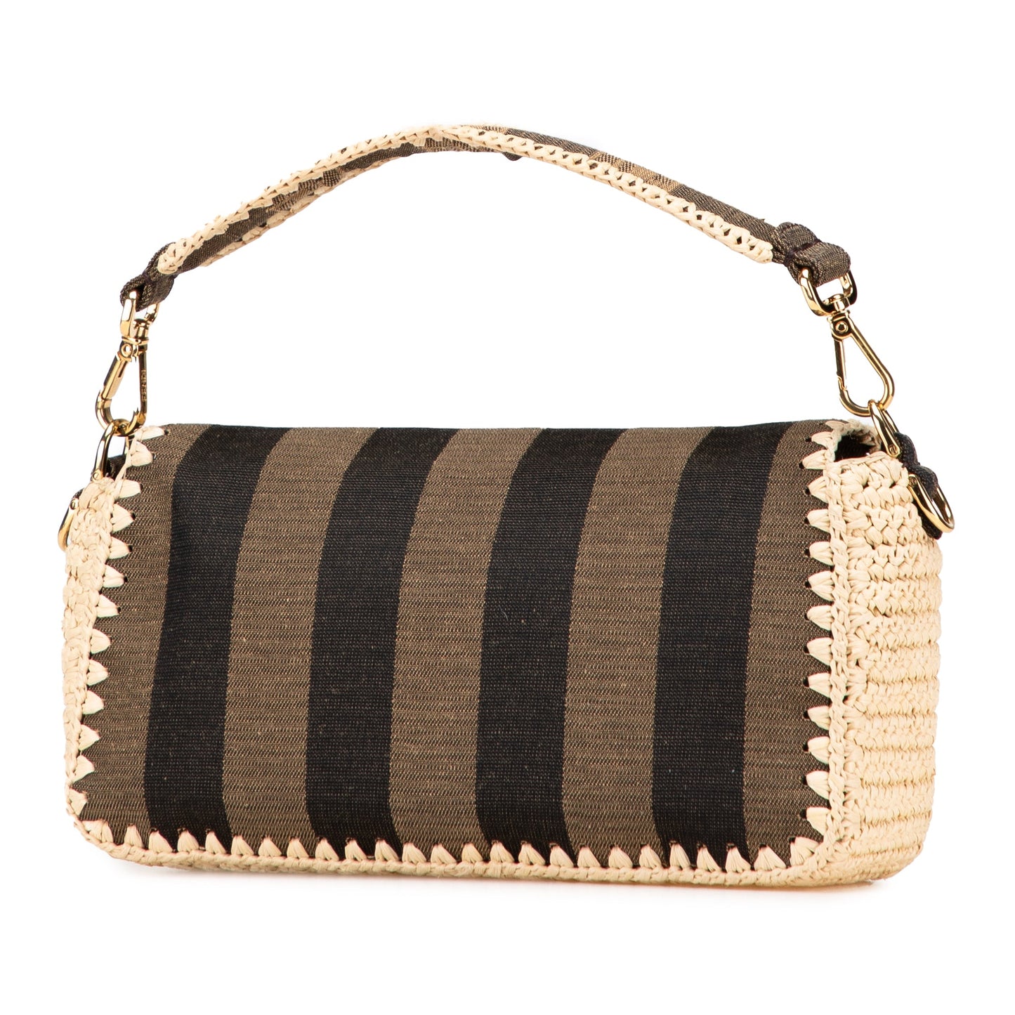 Fendi Pequin Gingham Canvas And Raffia Baguette Satchel