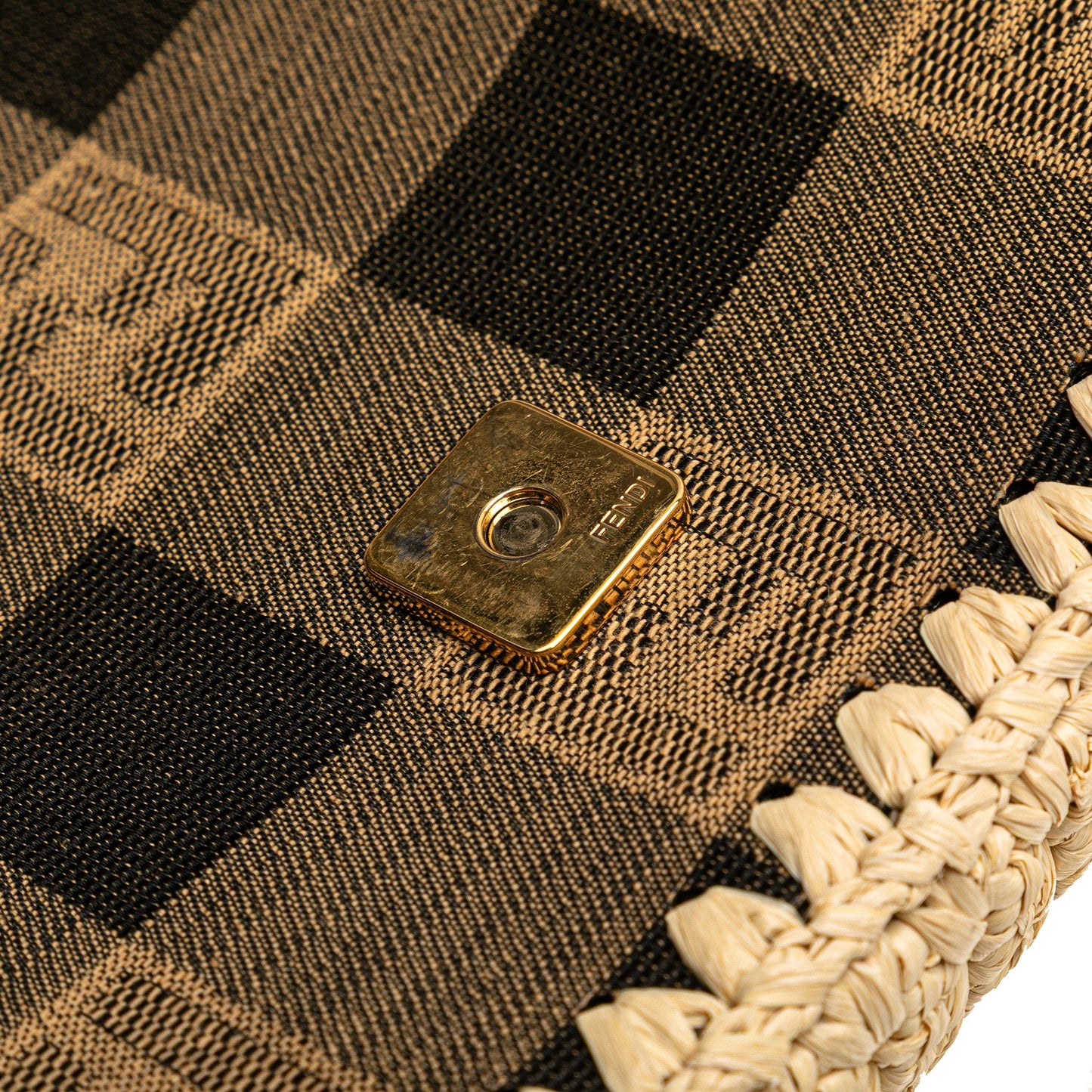 Fendi Pequin Gingham Canvas And Raffia Baguette Satchel