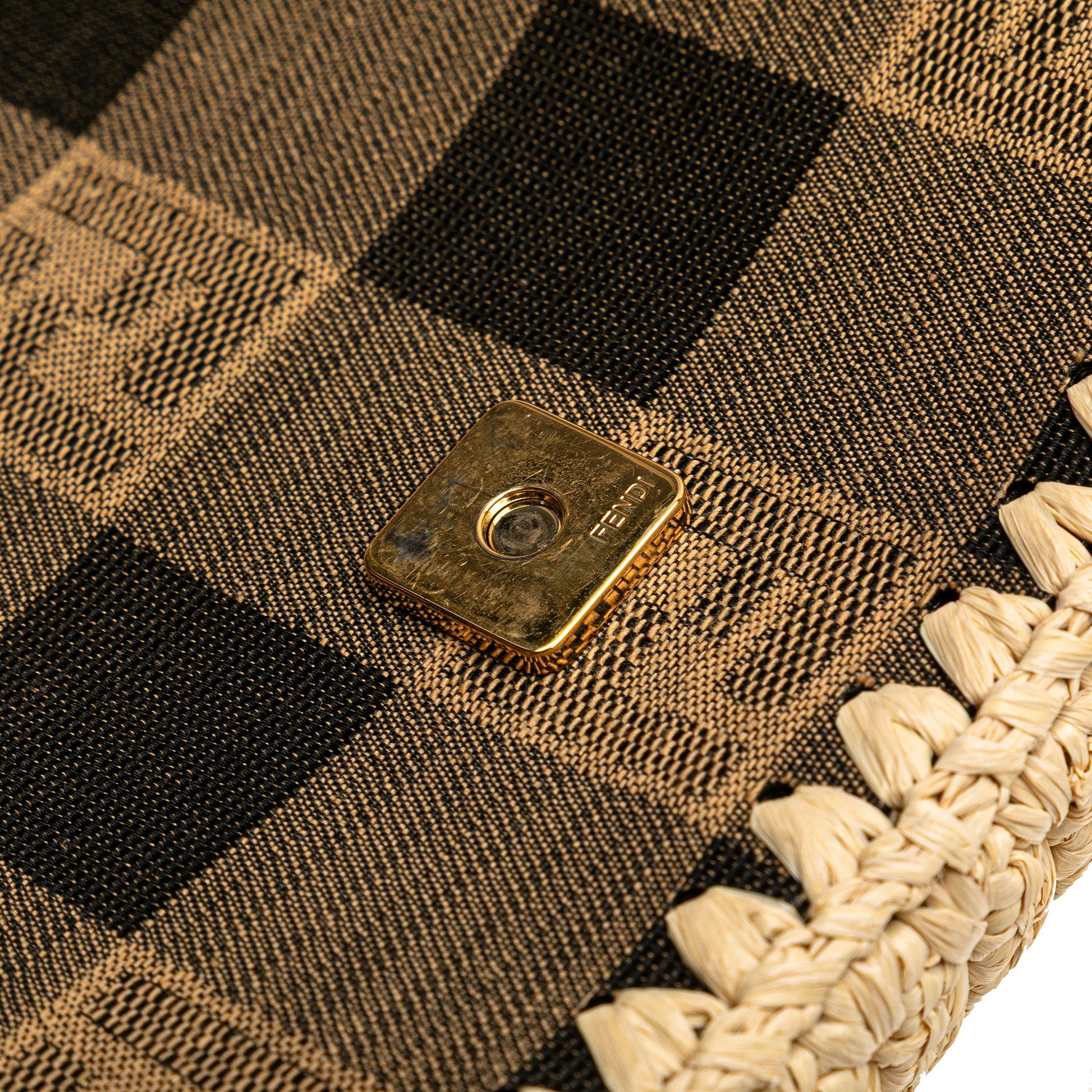 Fendi Pequin Gingham Canvas And Raffia Baguette Satchel