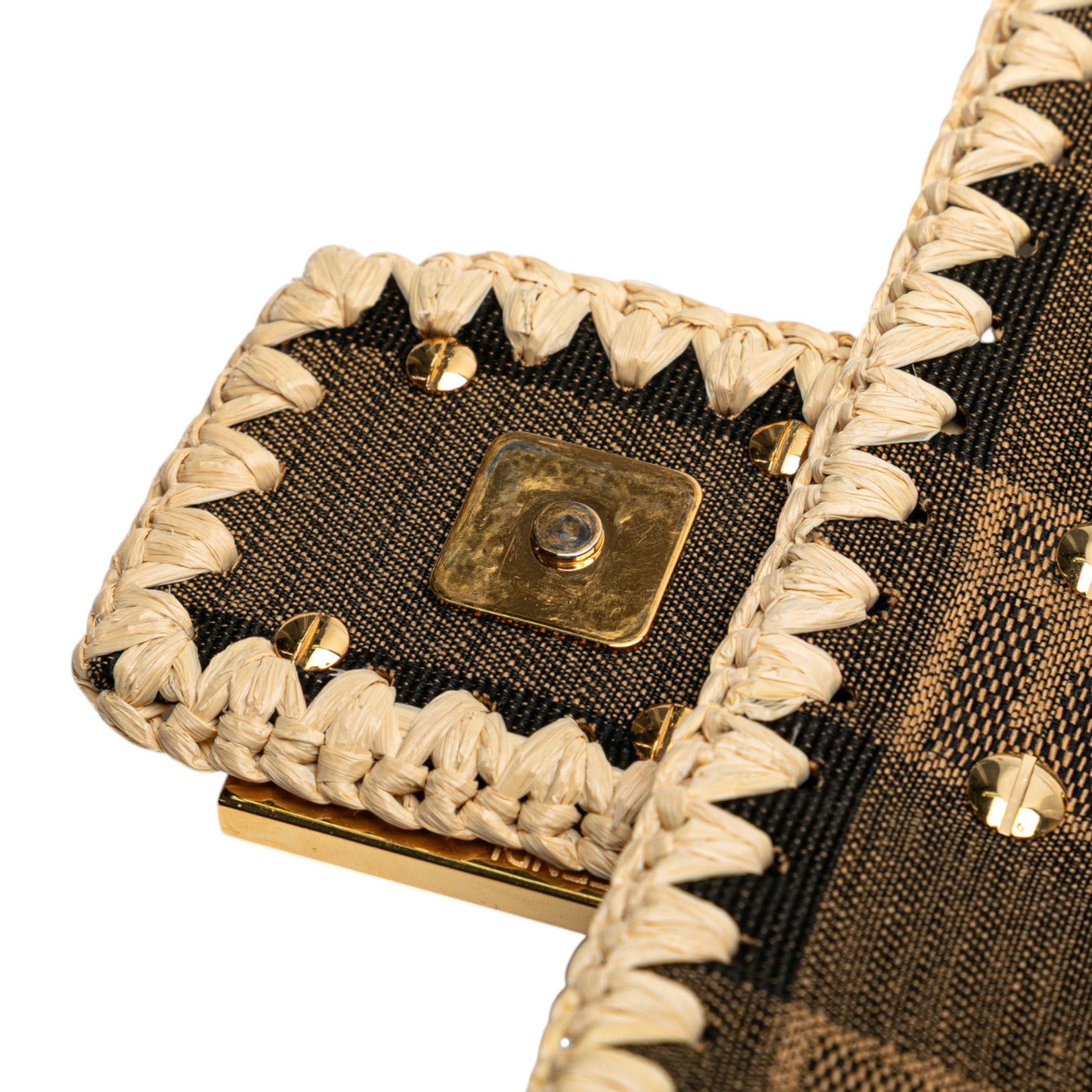 Fendi Pequin Gingham Canvas And Raffia Baguette Satchel