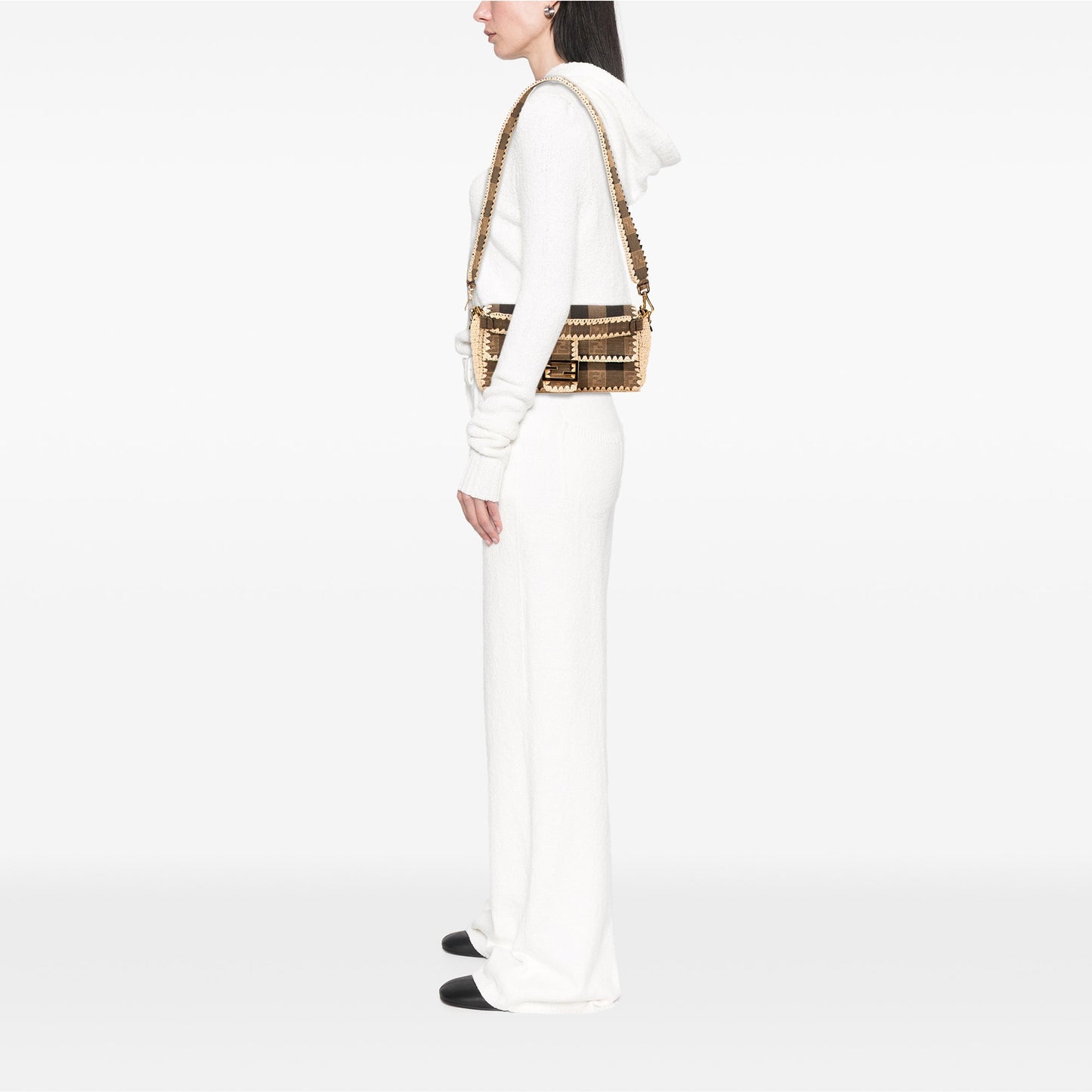 Fendi Pequin Gingham Canvas And Raffia Baguette Satchel
