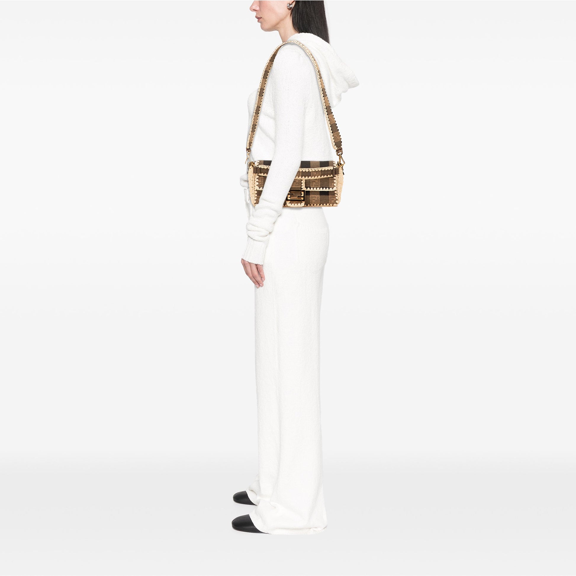 Fendi Pequin Gingham Canvas And Raffia Baguette Satchel
