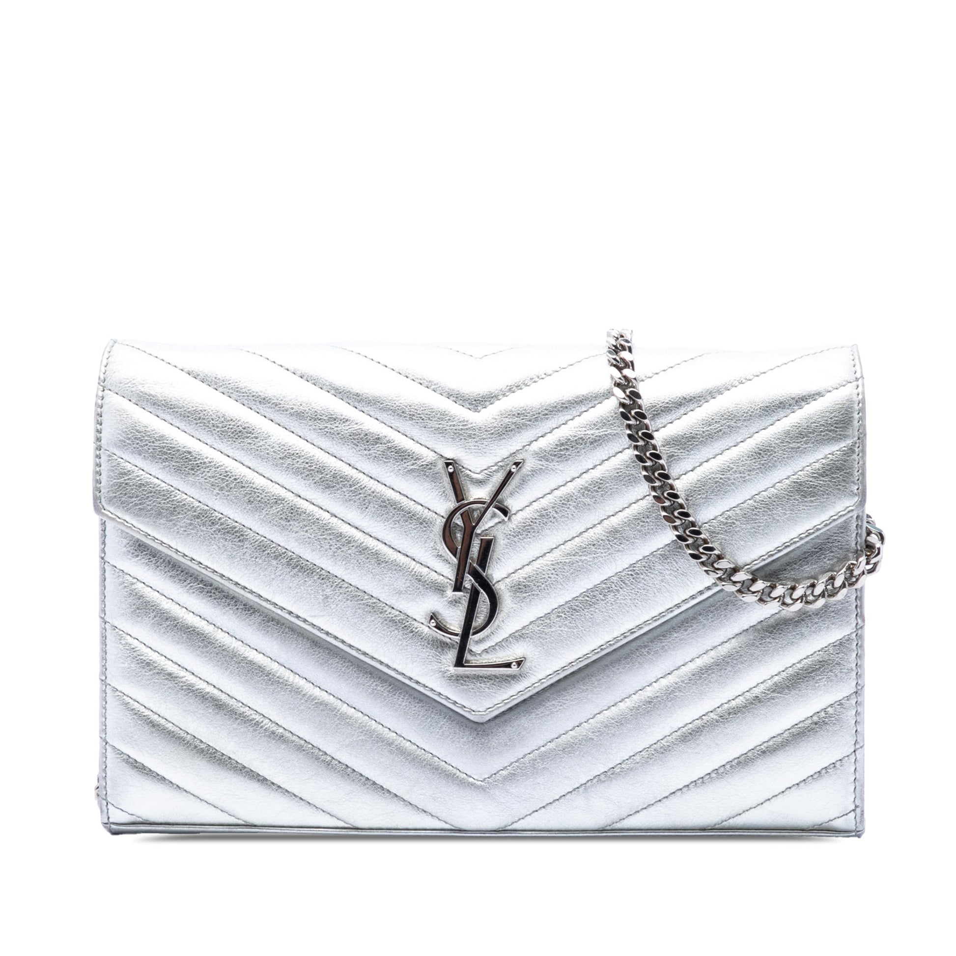 Saint Laurent Metallic Calfskin Matelasse Chevron Monogram Chain Wallet