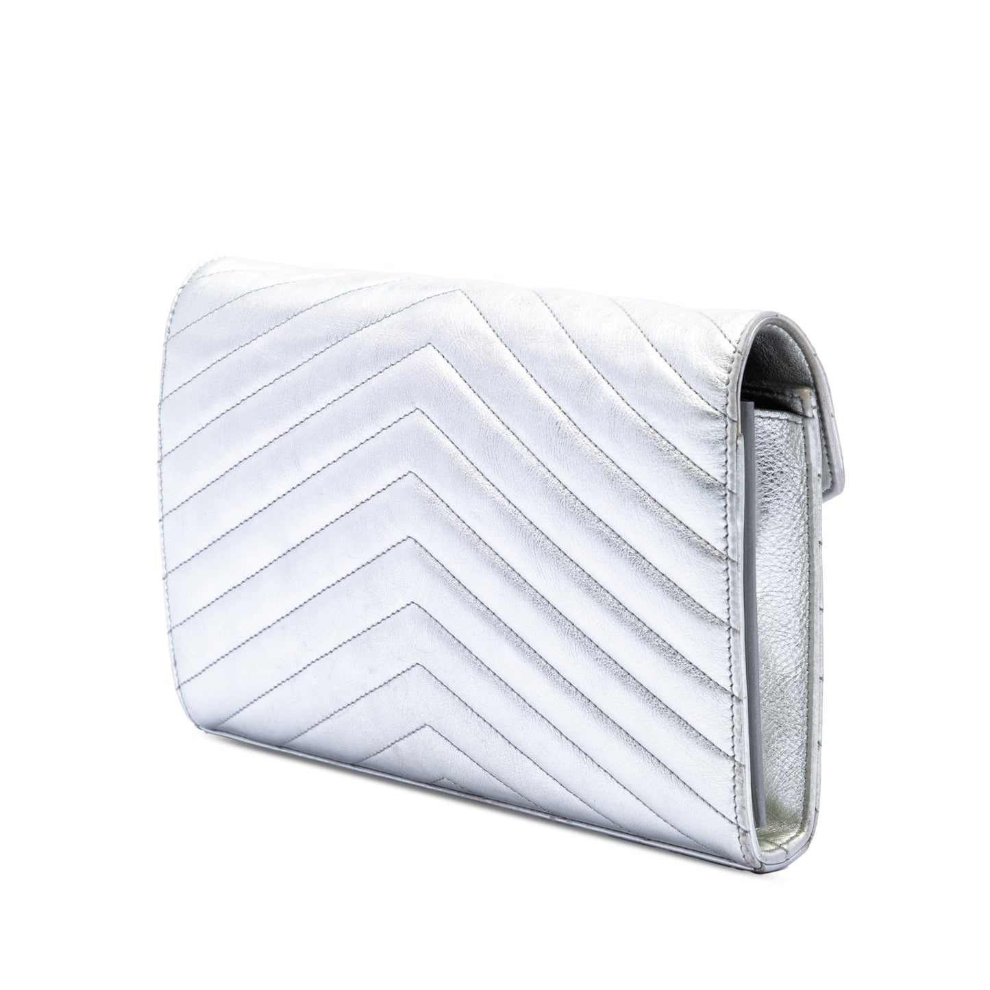 Saint Laurent Metallic Calfskin Matelasse Chevron Monogram Chain Wallet