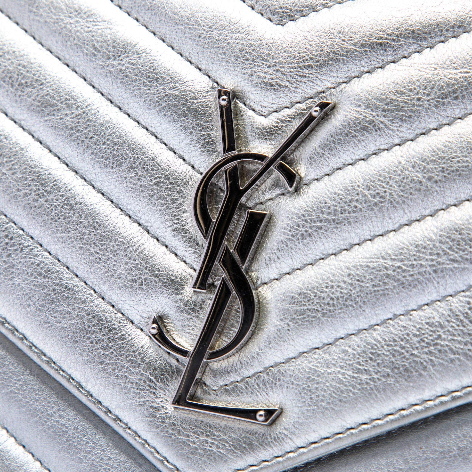 Saint Laurent Metallic Calfskin Matelasse Chevron Monogram Chain Wallet