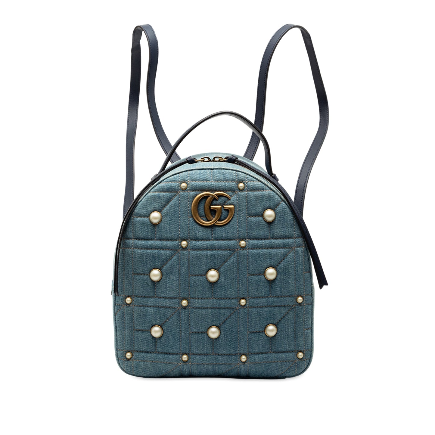Gucci Small GG Marmont Pearl Studded Matelasse Denim Backpack