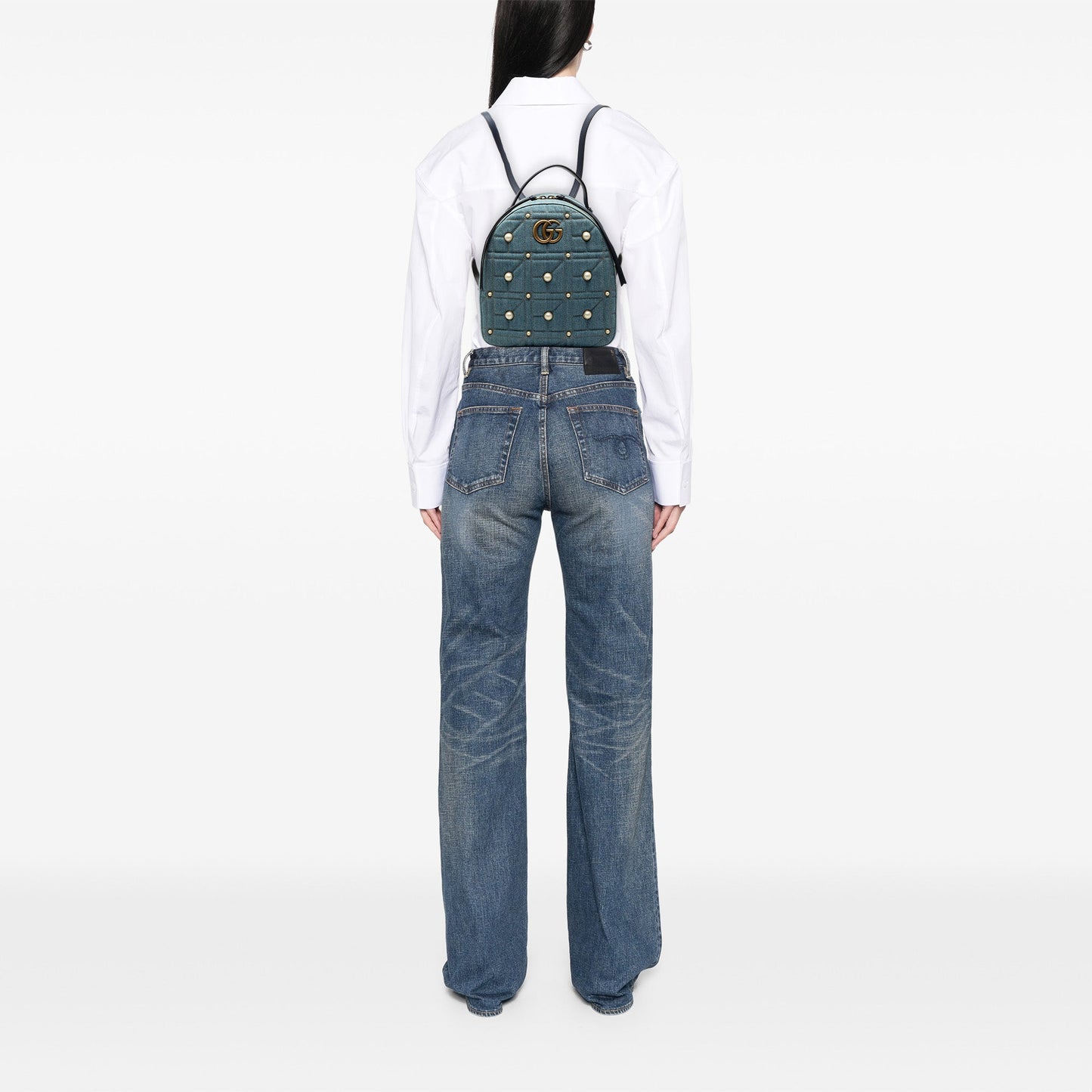 Gucci Small GG Marmont Pearl Studded Matelasse Denim Backpack