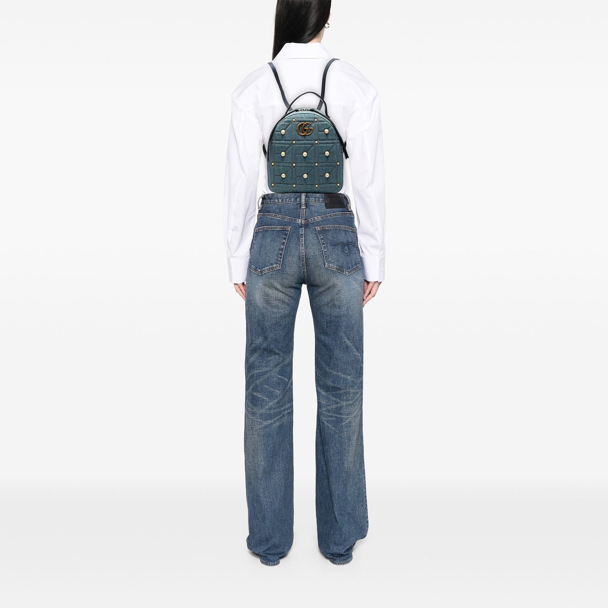 Gucci Small GG Marmont Pearl Studded Matelasse Denim Backpack