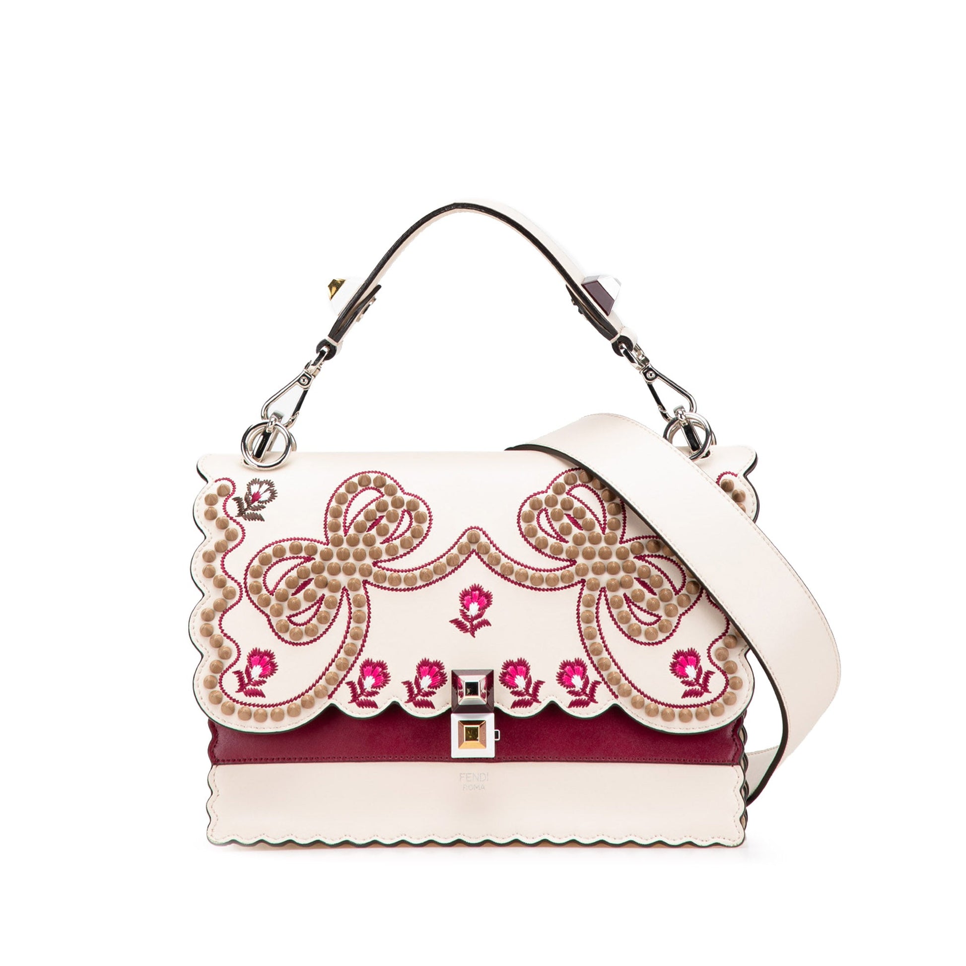 Fendi Medium Vitello Liberty Lucido Flowers and Bows Scalloped Studded Kan I Satchel