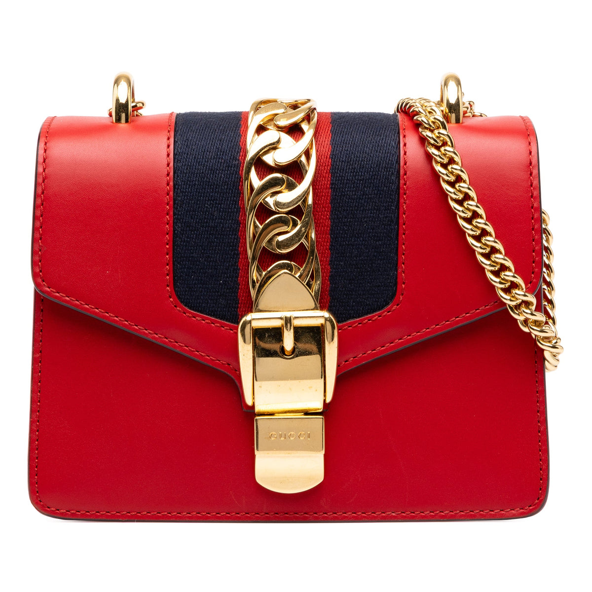 Gucci Mini Calfskin Web Sylvie Chain Satchel — Red
