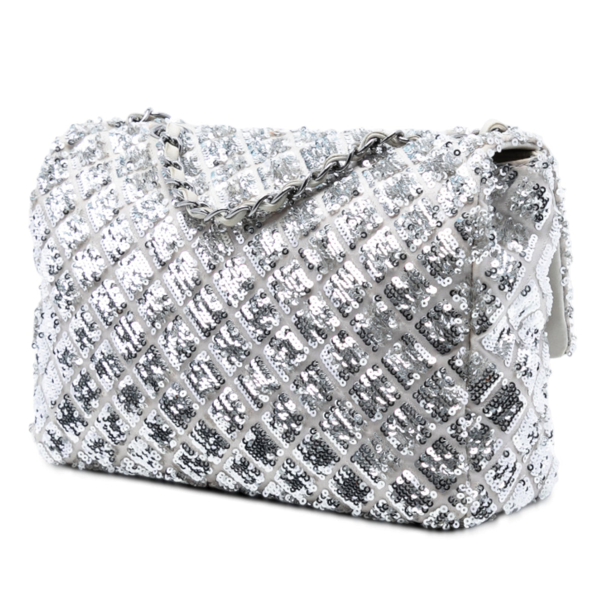 Chanel Medium Classic Satin and Sequin Single Flap — Silver
