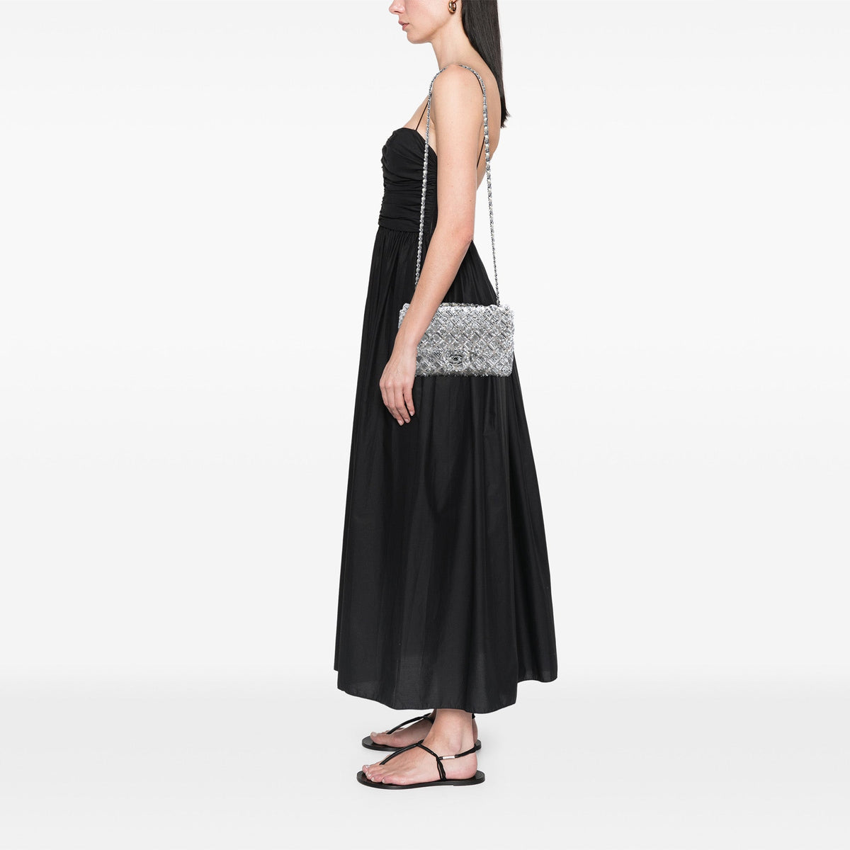 Chanel Medium Classic Satin and Sequin Single Flap — Silver