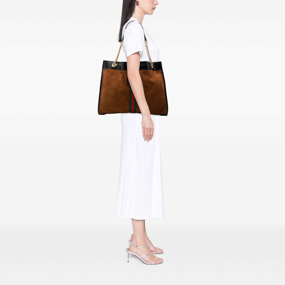 Gucci Large Suede Web Rajah Tote — Brown