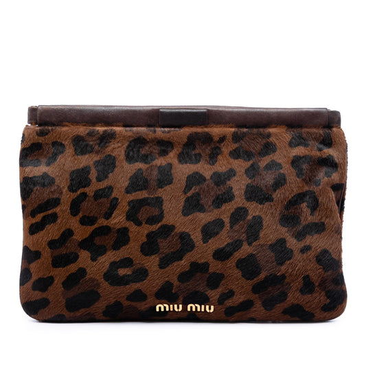 Miu Miu Leopard Printed Calfskin Hair Frame Clutch