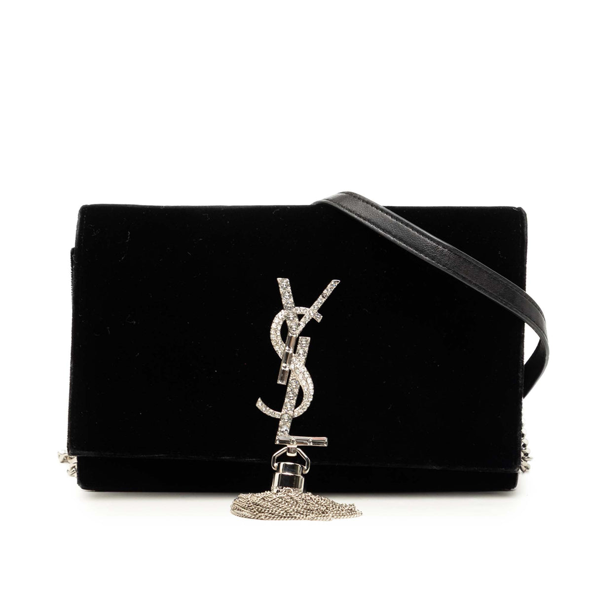 Saint Laurent Velvet Crystal Monogram Kate Tassel Wallet on Chain