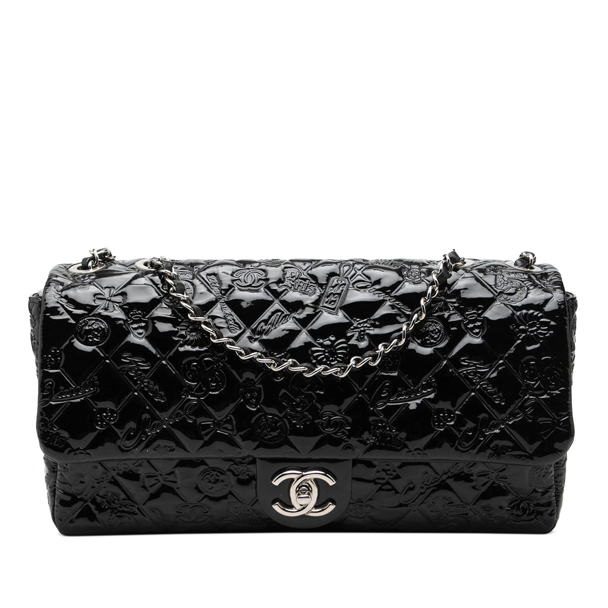 Chanel Jumbo Patent Embossed Lucky Symbols Flap — Black