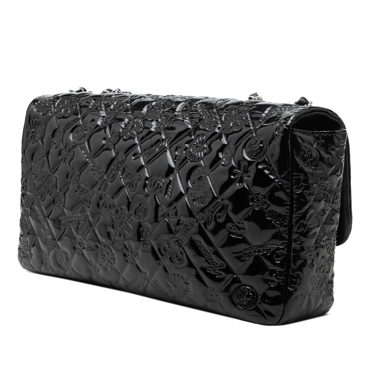 Chanel Jumbo Patent Embossed Lucky Symbols Flap — Black