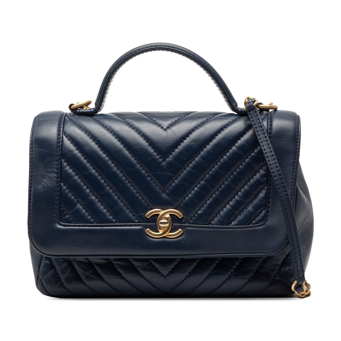 Chanel CC Chevron Aged Calfskin Top Handle Flap