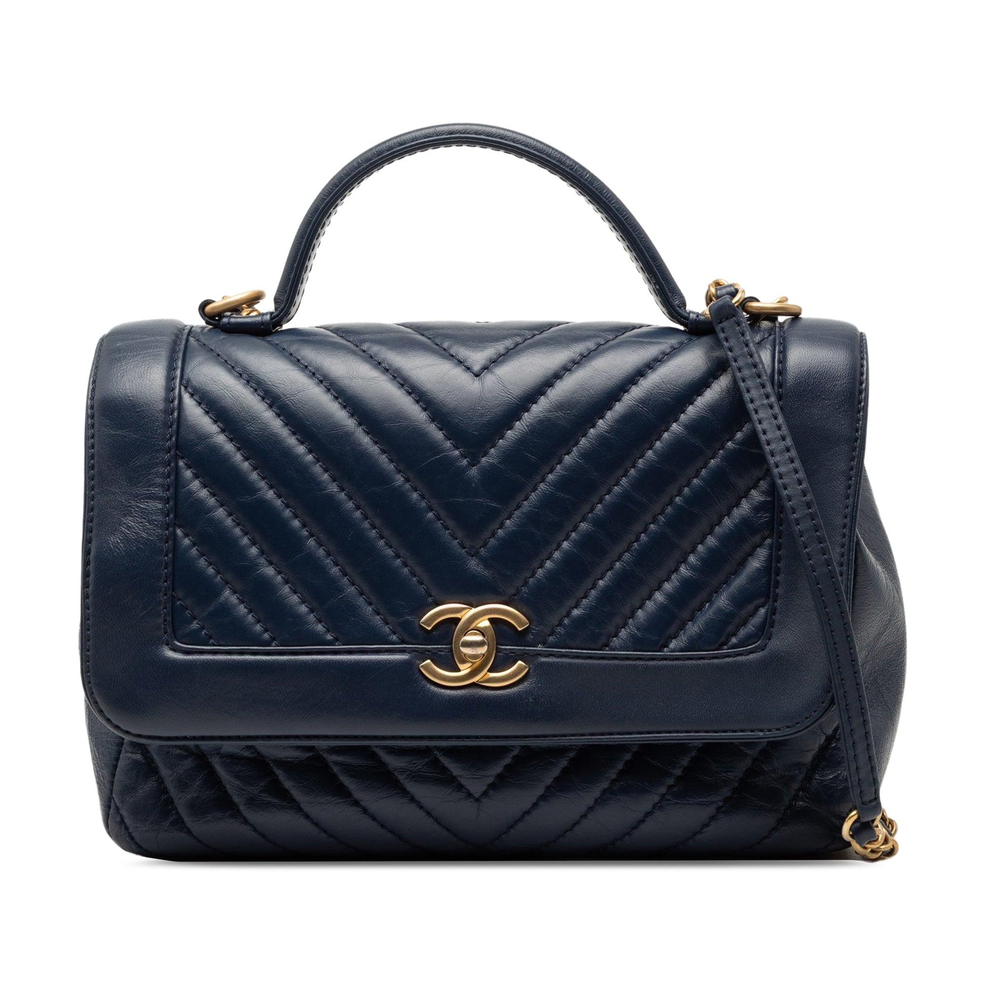 Chanel CC Chevron Aged Calfskin Top Handle Flap